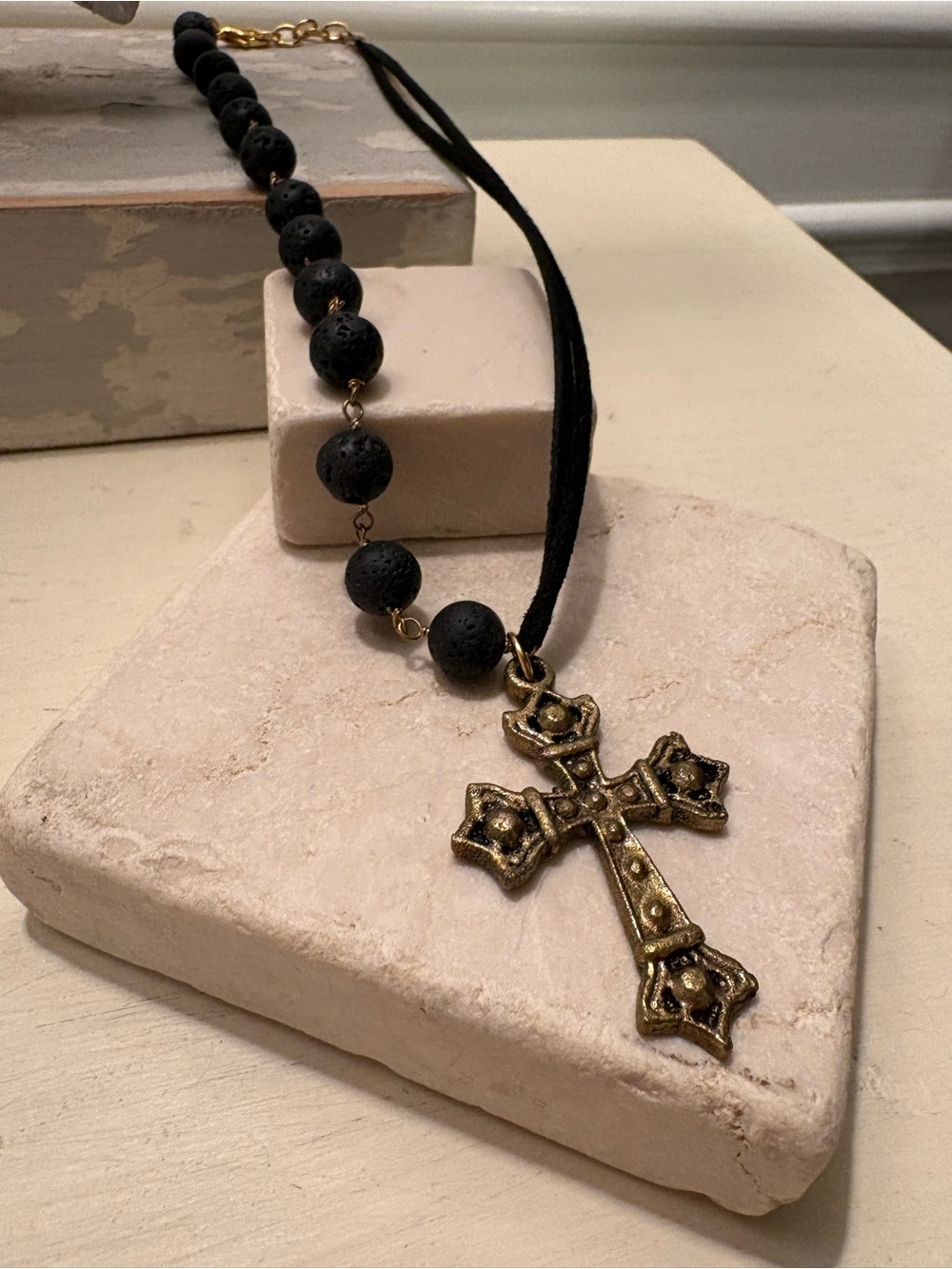 Black Lava Bead Necklace with Antique Brass Cross Pendant on Vegan Suede